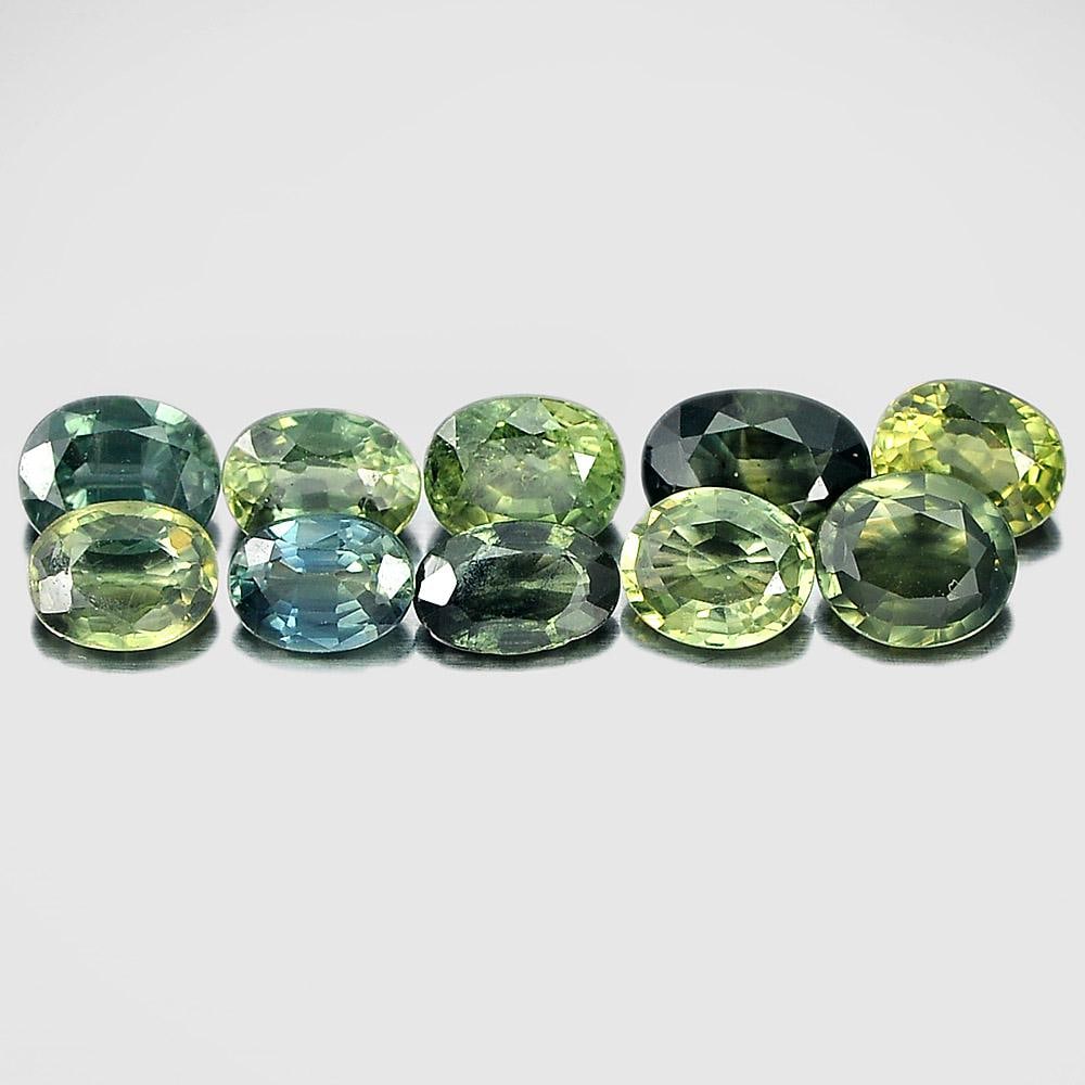 Natural Yellowish Bluish Green Sapphire Gemstones 3.92 Ct. 10 Pcs. Oval Shape: Product ID: 806161848 Product Name: Natural Green Sapphire Weight: 3.92 CT. Size: 4.6 x 3.5 to 5.7 x 4.1 MM. Shape: Oval Color: Green Clarity:VVS - VSI Luster: Good Gems Origin: Thailand Treatment: He