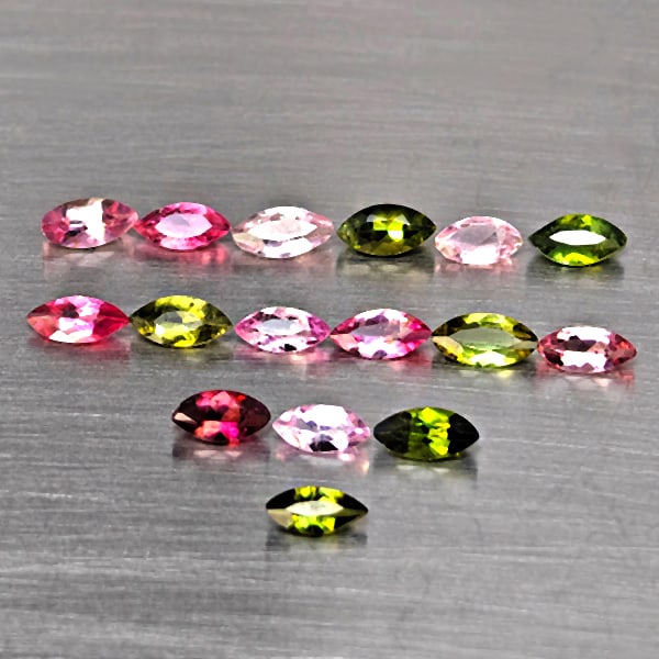 Natural Fancy Color Tourmaline Gemstones 2.00 Ct. 16 Pcs. Marquise Shape and Mixed Size: Product ID: 807251659 Product Name: Natural Tourmaline Weight: 2.00 CT. Size: 5.4 x 2.7 x 1.8 to 4.4 x 2.5 x 1.4 MM. Shape: Marquise Shape Color: Fancy Color Clarity:VSI - SI1 Luster: Good Gems Origin