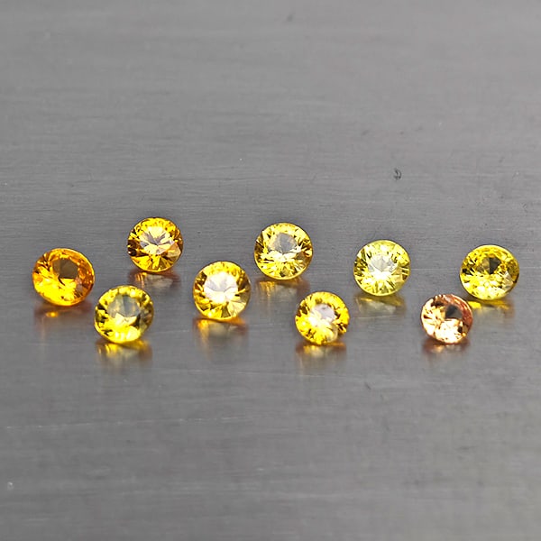 Natural Yellow Songea Sapphire 1.57 Ct. 9 Pcs. Round Shape 2.8 Mm.: Product ID: 806130664 Product Name: Natural Yellow Sapphire Weight: 1.57 CT. Size: 2.8 x 2.8 x 1.8 MM. Shape: Round Shape Color: Yellow Clarity:VSI Luster: Good Gems Origin: Tanzania Treatment: Heated