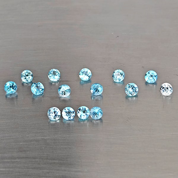 Natural Blue Topaz Gemstones 2.88 Ct. 15 Pcs. Round Shape and Mixed Size: Product ID: 807169123 Product Name: Natural Blue Topaz Weight: 2.88 CT. Size: 3.2 x 3.2 x 2.5 to 3 x 3 x 2.1 MM. Shape: Round Shape Color: Blue Clarity:VSI - SI1 Luster: Good Gems Origin: Brazil Treat