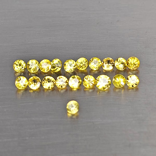 Natural Yellow Songea Sapphire 0.61 Ct. 20 Pcs. Round Diamond Cut 1.8 Mm.: Product ID: 806130655 Product Name: Natural Yellow Sapphire Weight: 0.61 CT. Size: 1.8 x 1.8 x 1.3 MM. Shape: Round Diamond Cut Color: Yellow Clarity:VSI Luster: Good Gems Origin: Tanzania Treatment: 