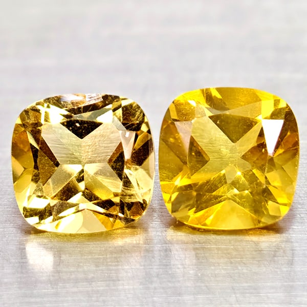 Natural Yellow Citrine Gemstones 2.72 Ct. 2 Pcs. Cushion Shape 6.9 Mm.: Product ID: 801815090 Product Name: Natural Citrine Weight: 2.72 CT. Size: 6.9 x 6.9 x 4.7 MM. Shape: Cushion Shape Color: Yellow Clarity:IF Luster: Good Gems Origin: Brazil Treatment: Unheated Crysta