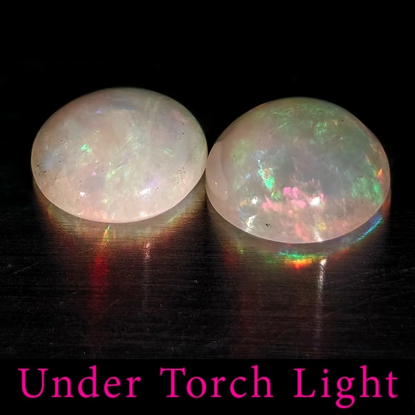 Natural Multi Color Opal Gemstones 1.24 Ct. 2 Pcs. Round Cabochon Shape 7.1 Mm.: Product ID: 818728234 Product Name: Natural Opal Weight: 1.24 CT. Size: 7.1 x 7.1 x 2.9 MM. Shape: Round Cabochon Color: Multi-Color Clarity:Semi - Transparent Luster: Good Gems Origin: Ethiopia Treat