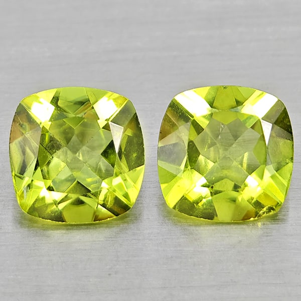 Natural Green Peridot Gemstones 1.56 Ct. 2 Pcs. Cushion Shape 6.1 Mm.: Product ID: 805317391 Product Name: Natural Peridot Weight: 1.56 CT. Size: 6.1 x 6.1 x 3 MM. Shape: Cushion Shape Color: Green Clarity:VSI - SI1 Luster: Good Gems Origin: Pakistan Treatment: Unheated 