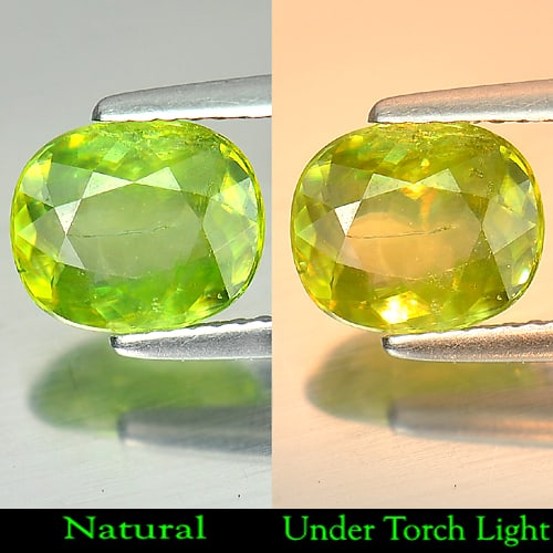 Natural Yellowish Green Titanium Sphene With Rainbow Spark 1.93 Ct. Cushion Shape: Product ID: 806506161 Product Name: Natural Sphene Weight: 1.93 CT. Size: 8.8 x 7.4 x 3.9 MM. Shape: Cushion Color: Yellowish Green With Rainbow Spark Clarity:SI1 Luster: Adamantine Gems Origin: Madag
