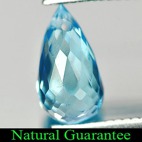 Natural Swiss Blue Topaz Gemstones 1.38 Ct. Briolette with Drilled Cut 8.3 x 4.6 Mm.: Product ID: 807164648 Product Name: Natural Blue Topaz Weight: 1.38 CT. Size: 8.3 x 4.6 x 4.6 MM. Shape: Briolette with Drilled Color: Swiss Blue Clarity:VSI Luster: Good Gems Origin: Brazil Treatment