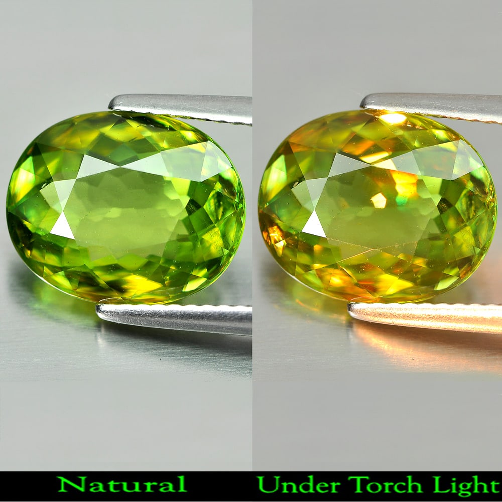 Natural Green Titanium Sphene Gemstones Red Spark 4.83 Ct. Oval Shape 12.3 x 10 Mm.: Product ID: 806508006 Product Name: Natural Sphene Weight: 4.83 CT. Size: 12.3 x 10 x 4.7 MM. Shape: Oval Color: Green Clarity:VSI Luster: Adamantine Gems Origin: Madagascar Treatment: Unheated Crysta