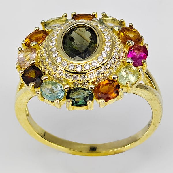 Natural Mulit Color Tourmaline Real 925 Sterling Silver Jewelry Gold Plated 5.40 G. Ring Size 9 (1 of 3)