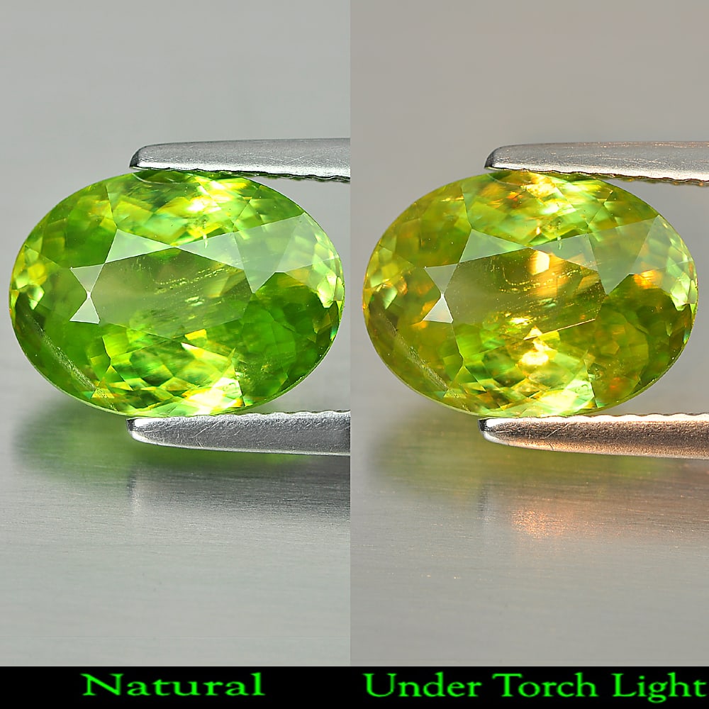Natural Green Sphene Gemstones With Rainbow Spark 3.54 Ct. Oval Sharpe 11.4 x 8.5 Mm.: Product ID: 806507746 Product Name: Natural Sphene Weight: 3.54 CT. Size: 11.4 x 8.5 x 4.7 MM. Shape: Oval Color: Green With Rainbow Spark Clarity:VSI Luster: Adamantine Gems Origin: Madagascar Treatm