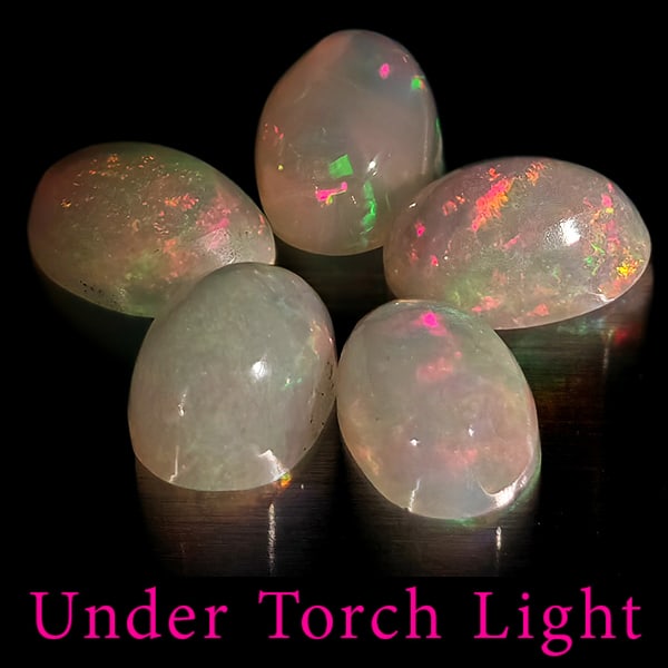 Natural Multi Color Opal Gemstones 1.70 Ct. 5 Pcs. Oval Cabochon Shape 6 x 4.1 Mm.: Product ID: 818728096 Product Name: Natural Opal Weight: 1.70 CT. Size: 6 x 4.1 x 3.4 MM. Shape: Oval Cabochon Color: Multi-Color Clarity:Semi - Transparent Luster: Good Gems Origin: Ethiopia Treatmen
