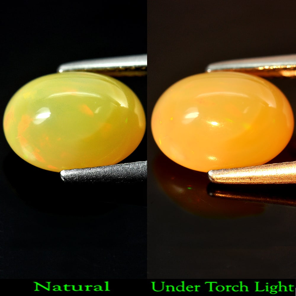 Natural Multi Color Opal Gemstones 2.64 Ct. Oval Cabochon Shape 10.8 x 8.1 Mm.: Product ID: 818710739 Product Name: Natural Opal Weight: 2.64 CT. Size: 10.8 x 8.1 x 6.2 MM. Shape: Oval Cabochon Color: Multi Color Clarity:Opaque Luster: Strong Iridescent Gems Origin: Ethiopia Trea