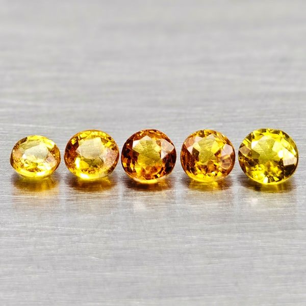 Natural Orange Yellow Songea Sapphire Gemstones 0.97 Ct. 5 Pcs. Round Shape Mixed Size: Product ID: 806162361 Product Name: Natural Fancy Color Sapphire Weight: 0.97 CT. Size: 3.4 x 3.4 x 2.2 to 2.9 x 2.9 x 1.9 MM. Shape: Round Color: Orange Yellow Clarity:VSI Luster: Good Gems Origin: T