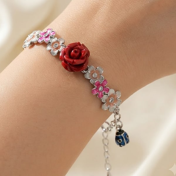 925 Sterling Silver Bracelet Jewelry 4.84 Grams Red Flower Resin with Enamel Length 8 Inch.: Product ID: 201100260 Product Type: 925 Sterling Silver Fine Jewelry Jewelry Weight: 4.84 Grams. Gemstones Color: Multi - Color Metal: Solid Silver 92.5%. Gemstone Detail: Red Flower Resin. and Flower