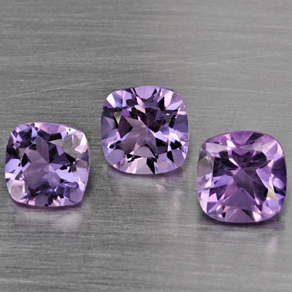 Natural Purple Amethyst Gemstones 2.93 Ct. 3 Pcs. Cushion Shape 5.9 Mm.: Product ID: 800325558 Product Name: Natural Amethyst Weight: 2.93 CT. Size: 5.9 x 5.9 x 4.2 MM. Shape: Cushion Shape Color: Purple Clarity:VSI Luster: Good Gems Origin: Brazil Treatment: Unheated Crys