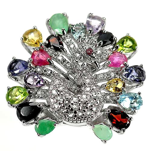 Natural Multi-Color Mixed Gemstones 925 Sterling Silver Ring Jewelry 11.31 Grams Size 8 (1 of 3)