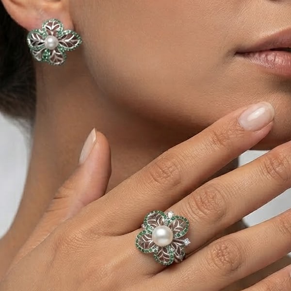 Natural Pearl and Emerald Gemstone with 925 Sterling Silver Jewelry Sets Ring Size 9 and Earrings: Product ID: 207100118 Product Name: Sterling Silver Sets Ring Earrings Product Type: 925 Sterling Silver Fine Jewelry Jewelry Weight: 21.15 Grams. Ring Size: 9 Resizable(Fee) Gemstones Color: Green , 