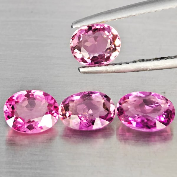 Natural Pink Tourmaline Gemstones 3.09 Ct. 4 Pcs. Oval Shape and Mixed Size: Product ID: 807251524 Product Name: Natural Tourmaline Weight: 3.09 CT. Size: 7.2 x 5.4 x 3.3 to 6.4 x 5.3 x 3.5 MM. Shape: Oval Shape Color: Pink Clarity:SI1 Luster: Good Gems Origin: Nigeria Treatme