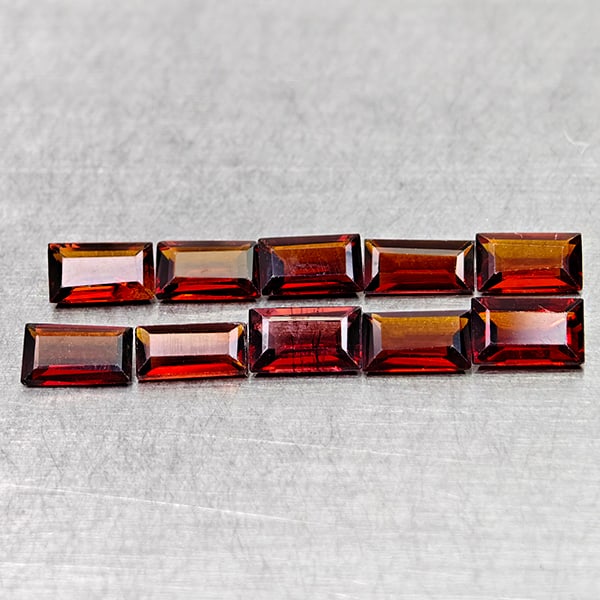 Natural Orangish Red Garnet Gemstones 3.15 Ct. 10 Pcs. Baguette Shape 5.1 x 3.1 Mm.: Product ID: 802936513 Product Name: Natural Red Garnet Weight: 3.15 CT. Size: 5.1 x 3.1 x 2.3 MM. Shape: Baguette Color: Orangish Red Clarity:VSI Luster: Very Good Gems Origin: Tanzania Treatment: Unh