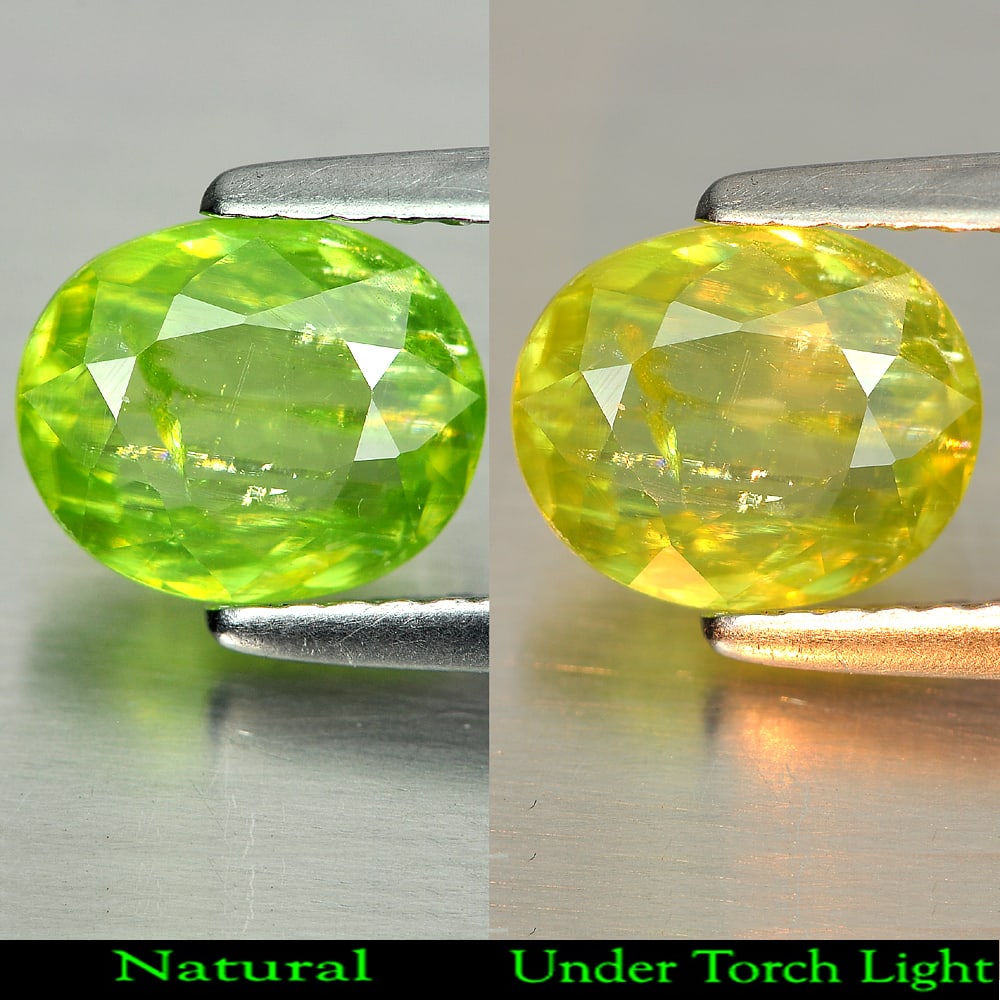 Natural Green Titanium Sphene Gemstones With Rainbow Spark 1.35 Ct. Oval Shape 8 x 6.7 Mm.: Product ID: 806507848 Product Name: Natural Sphene Weight: 1.35 CT. Size: 8 x 6.7 x 2.8 MM. Shape: Oval Color: Green With Rainbow Spark Clarity:SI1 Luster: Adamantine Gems Origin: Madagascar Treatment