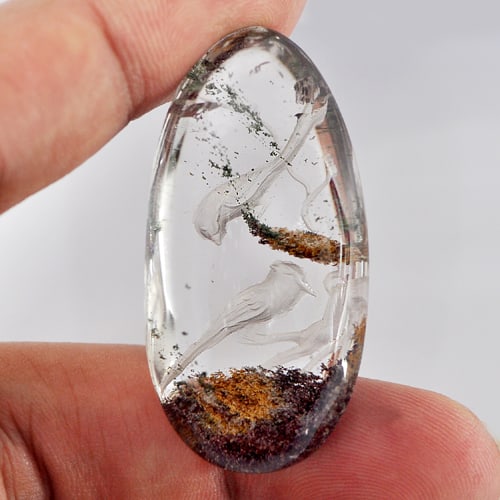 Natural Inner Moss Quartz Gemstones 84.30 Ct. Carving Birds Pear Cabochon Shape 43 x 21 x 14 Mm. (1 of 3)