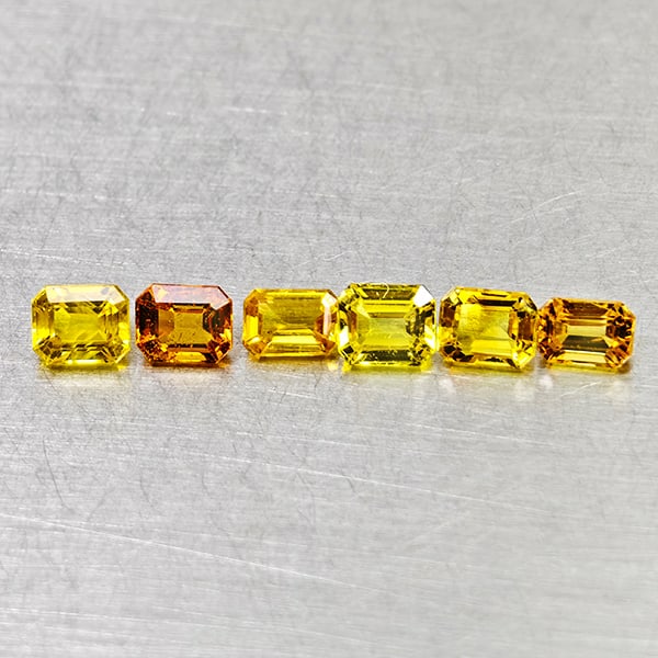 Natural Orange Yellow Ceylon Sapphire Gemstones 1.38 Ct. 6 Pcs. Octagon Shape 3.7 x 3 Mm.: Product ID: 806162015 Product Name: Natural Weight: 1.38 CT. Size: 3.7 x 3 x 2.3 MM. Shape: Octagon Color: Orange Yellow Clarity:VSI Luster: Good Gems Origin: Ceylon, Sri - Lanka Treatment: Heated Cry