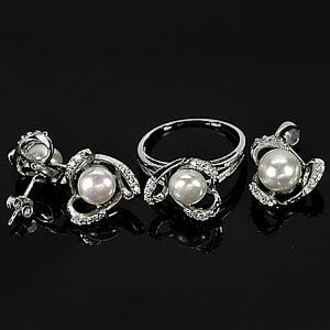 Natural White Pearl with 925 Sterling Silver Jewelry Sets Ring Size 10 & Pendant & Earrings 9.87 G. (1 of 3)