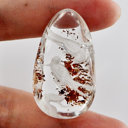 Natural Moss White Quartz Gemstones 75.00 Ct. Birds Carving Inner Pear Cabochon 39 x 22 Mm.: Product ID: 805527042 Product Name: Natural Quartz Weight: 75.00 CT. Size: 39 x 22 x 14 MM. Shape: Pear Cabochon Color: Brown White Clarity:Semi - Transparent Luster: Good Gems Origin: Thailand Treatm