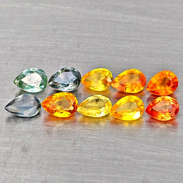 Natural Fancy Color Sapphire Gemstones 1.61 Ct. 10 Pcs. Pear Shape And Mixed Size: Product ID: 806162716 Product Name: Natural Fancy Color Sapphire Weight: 1.61 CT. Size: 4.2 x 2.8 x 1.5 to 3.8 x 2.8 x 1.7 MM. Shape: Pear Shape Color: Fancy Color Clarity:VVS - VSI Luster: Very Good 