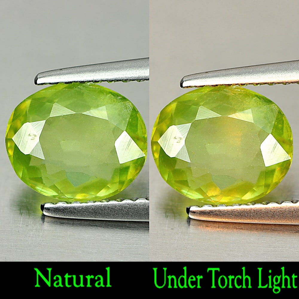 Natural Green Titanium Sphene Gemstones With Rainbow Spark 1.34 Ct. Oval Shape 8.3 x 7.1 Mm.: Product ID: 806507934 Product Name: Natural Sphene Weight: 1.34 CT. Size: 8.3 x 7.1 x 2.6 MM. Shape: Oval Color: Green With Rainbow Spark Clarity:SI1 Luster: Adamantine Gems Origin: Madagascar Treatme