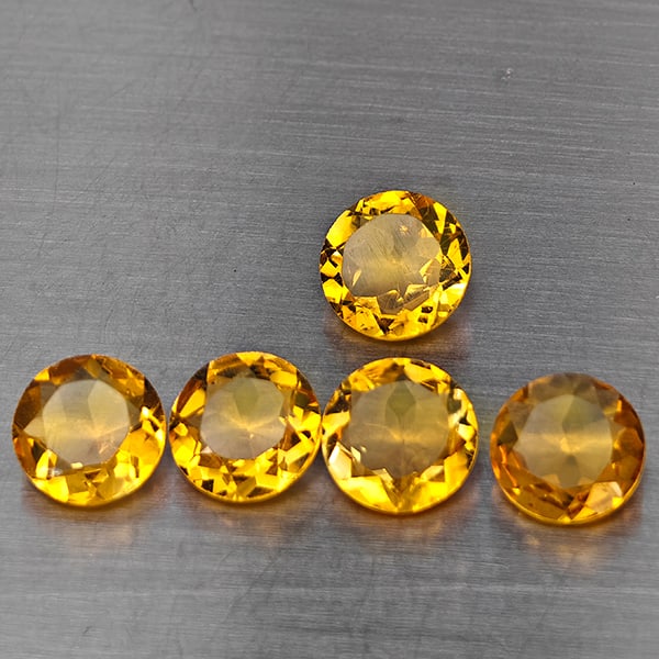 Natural Yellow Citrine Gemstones 5.61 Ct. 5 Pcs. Round Shape 6.9 Mm.: Product ID: 801815485 Product Name: Natural Citrine Weight: 5.61 CT. Size: 6.9 x 6.9 x 3.5 MM. Shape: Round Shape Color: Yellow Clarity:VSI Luster: Good Gems Origin: Brazil Treatment: Unheated Crystal