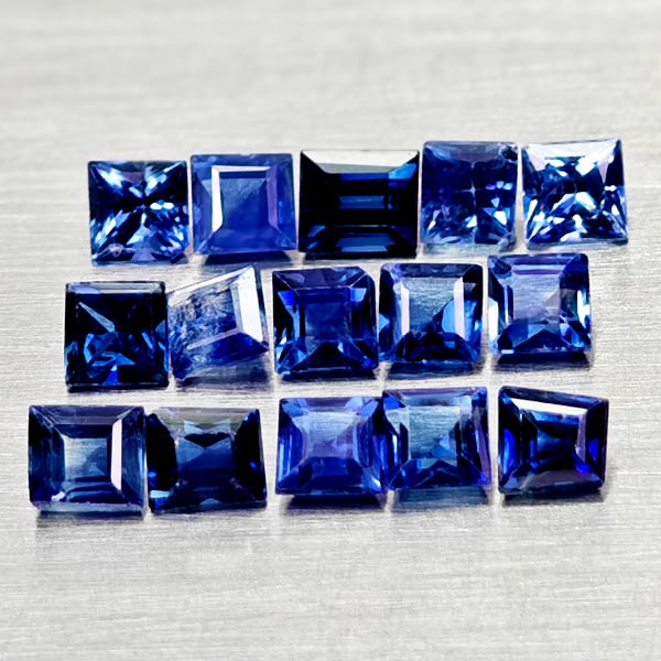 Natural Blue Sapphire Gemstones 1.29 Ct. 15 Pcs. Square Shape 2.2 Mm.: Product ID: 806012089 Product Name: Natural Blue Sapphire Weight: 1.29 CT. Size: 2.2 x 2.2 x 1.4 MM. Shape: Square Color: Blue Clarity:VSI - SI1 Luster: Good Gems Origin: Madagascar Treatment: Heated 
