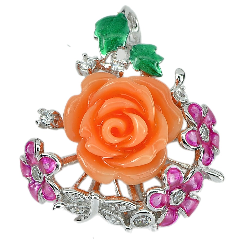 925 Sterling Silver Pendant Jewelry 5.22 Gram with Flower Resin & Enamel: Product ID: 202101567 Product Type: 925 Sterling Silver Fine Jewelry Jewelry Weight: 5.22 Grams. Gemstones Color: Multi-Color Metal: Solid Silver 92.5%. Gemstone Detail: Orange Flower Resin.and Pink F