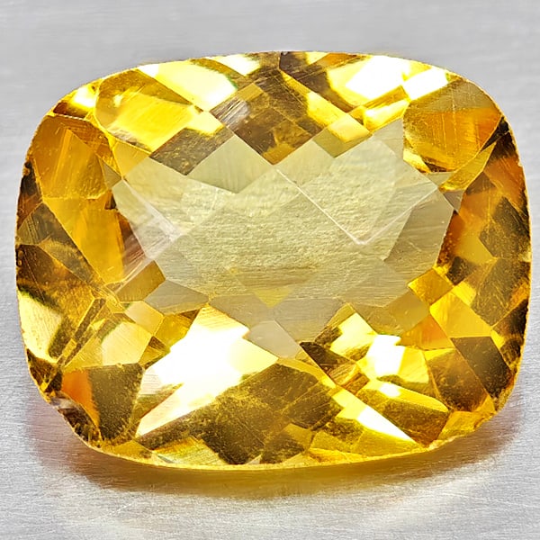Natural Yellow Citrine Gemstone 2.45 Ct. Cushion Checkerboard Cut 10.1 x 8.2 Mm.: Product ID: 801815286 Product Name: Natural Citrine Weight: 2.45 CT. Size: 10.1 x 8.2 x 5.2 MM. Shape: Cushion Checkerboard Cut Color: Yellow Clarity:IF Luster: Good Gems Origin: Brazil Treatment: Unh