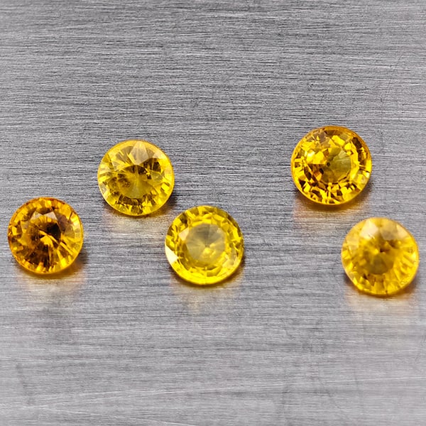 à¹ŒNatural Yellow Sapphrie Gemstones 1.05 Ct. 5 Pcs. Round Shape 3.5 Mm.: Product ID: 806130431 Product Name: Natural Yellow Sapphire Weight: 1.05 CT. Size: 3.5 x 3.5 x 2 MM. Shape: Round Shape Color: Yellow Clarity:SI1 Luster: Good Gems Origin: Thailand Treatment: Heated C