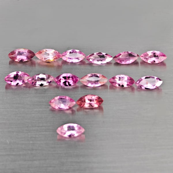 Natural Pink Tourmaline Gemstones 1.74 Ct. 15 Pcs. Marquise Shape and Mixed Size: Product ID: 807251669 Product Name: Natural Tourmaline Weight: 1.74 CT. Size: 5.4 x 2.5 x 1.7 to 5 x 2.2 x 1.7 MM. Shape: Marquise Shape Color: Fancy Color Clarity:SI1 Luster: Good Gems Origin: Nigeri