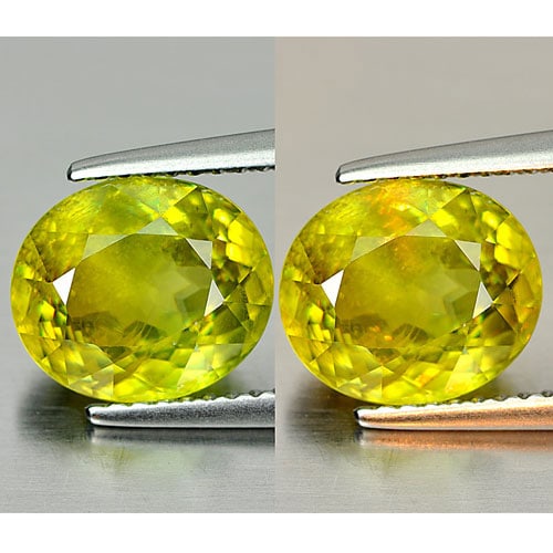 Natural Yellow Green Sphene Gemstones With Rainbow Spark 3.35 Ct. Oval Shape 9.6 x 8.3 Mm.: Product ID: 806508017 Product Name: Natural Sphene Weight: 3.35 CT. Size: 9.6 x 8.3 x 5.2 MM. Shape: Oval Color: Yellow Green With Rainbow Spark Clarity:VSI Luster: Adamantine Gems Origin: Madagascar 
