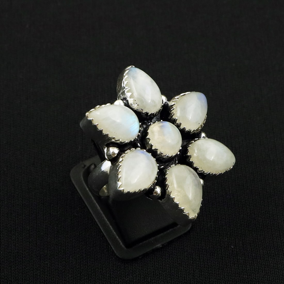 Natural Rainbow Moonstone Sterling Silver Plated Handmade Ring - 8MM: Product ID: 260826153634 Product - Handmade Silver Plated Ring Metal - 92.5 Sterling Silver Plated Ring Size - 8MM Gemstone - Rainbow Moonstone Gemstone Origin - India Gemstone Size - 8X12 MM ( 6 Ston