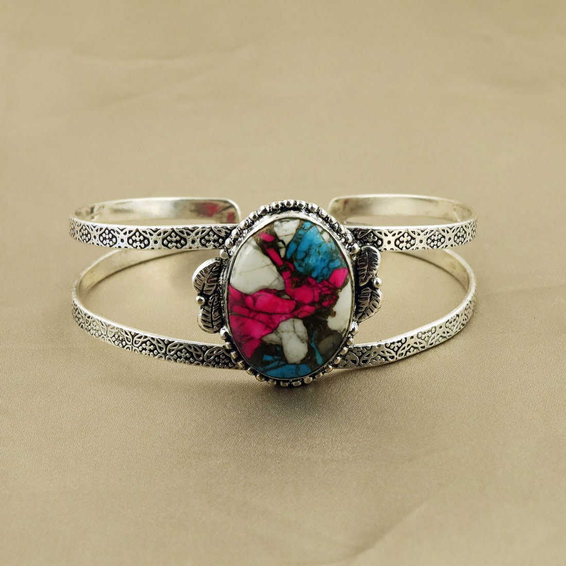 Natural Cotton Candy Sterling Silver Plated Handmade Cuff Bangle: Product ID: 260826133552 Product - Handmade Silver Plated Cuff Bangle Metal - 92.5 Sterling Silver Plated Bangle Size - 7.5x5.5 CM (Adjustable) Gemstone - Cotton Candy Gemstone Origin - United States 