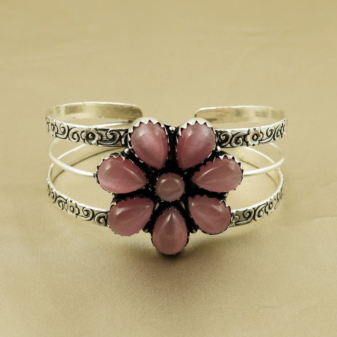 Natural Monalisa Sterling Silver Plated Handmade Cuff Bangle: Product ID: 260819180615 Product - Handmade Silver Plated Cuff Bangle Metal - 92.5 Sterling Silver Plated Bangle Size - 7x5 CM (Adjustable) Gemstone - Monalisa Gemstone Origin - India Gemstone Size - 