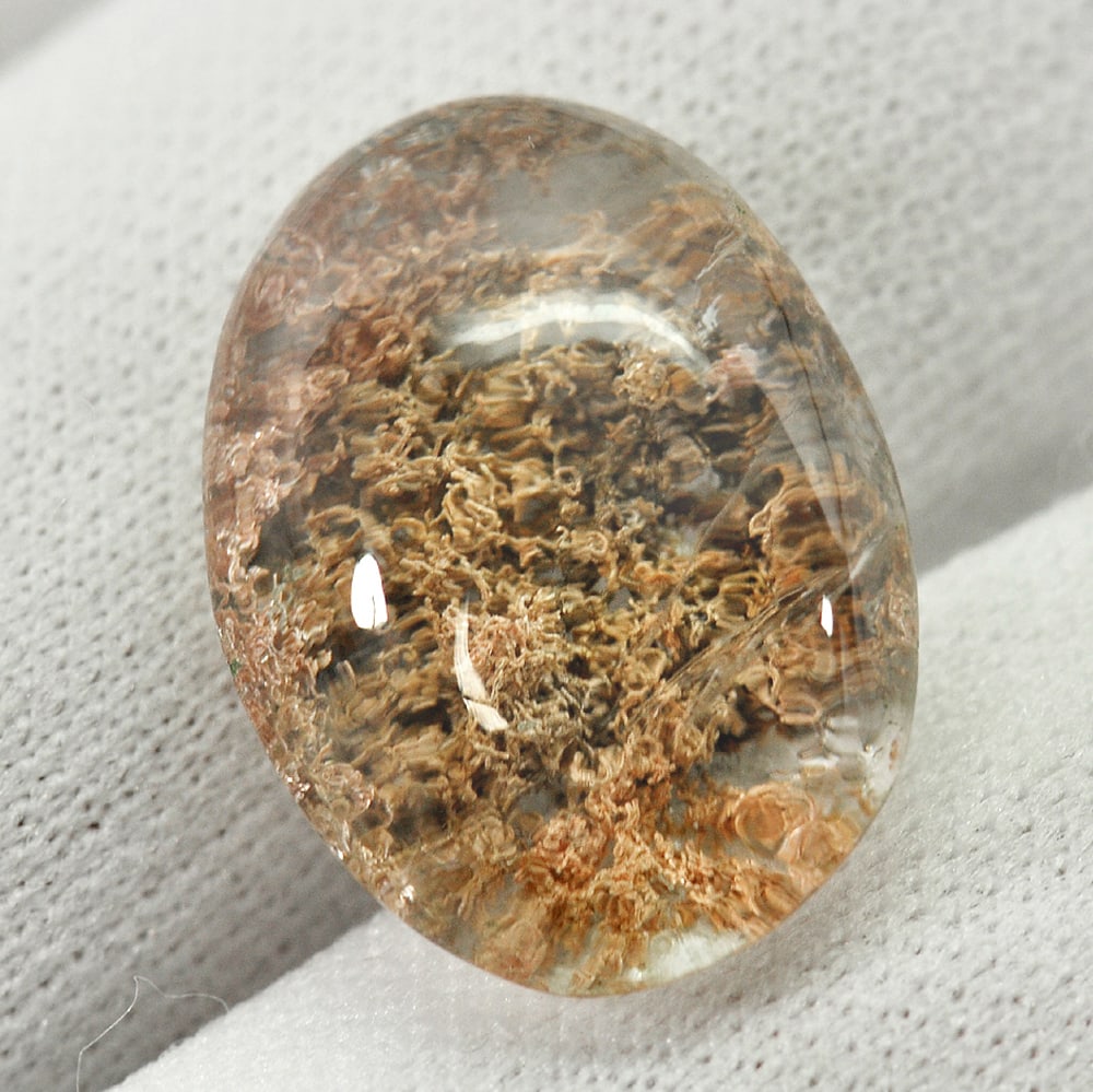 Natural Moss Quartz Gemstones 17.44 Ct. Oval Cabochon Shape 19.6 x 14.3 Mm.: Product ID: 805529554 Product Name: Natural Quartz Weight: 17.44 CT. Size: 19.6 x 14.3 x 9.2 MM. Shape: Oval Cabochon Color: White Clarity:Semi - Transparent Luster: Good Gems Origin: Thailand Treatme