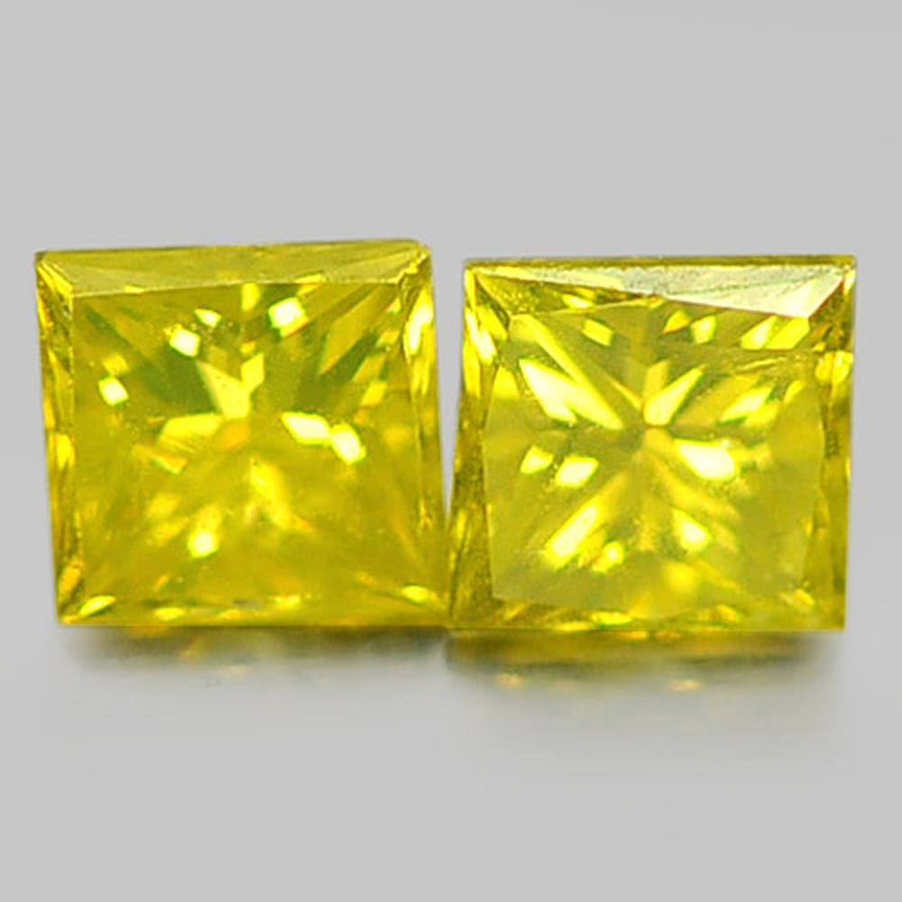 Natural Yellow Loose Diamond 0.22 Ct. 2 Pcs. Square Princess Cut 2.6 Mm.: Product ID: 802103034 Product Name: Natural Enhanced Diamond Weight: 0.22 CT. Size: 2.6 x 2.6 x 1.9 MM. Shape: Square Princess Cut Color: Yellow Clarity:SI1 Luster: Scintillating Gems Origin: Belgium 