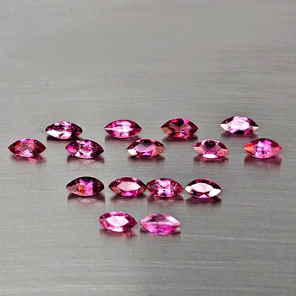 Natural Pink Tourmaline Gemstones 1.75 Ct. 15 Pcs. Marquise Shape And Mixed Size: Product ID: 807251672 Product Name: Natural Tourmaline Weight: 1.75 CT. Size: 5.3 x 2.5 x 1.8 to 4.6 x 2.6 x 1.5 MM. Shape: Marquise Shape Color: Fancy Color Clarity:SI1 Luster: Good Gems Origin: Nige