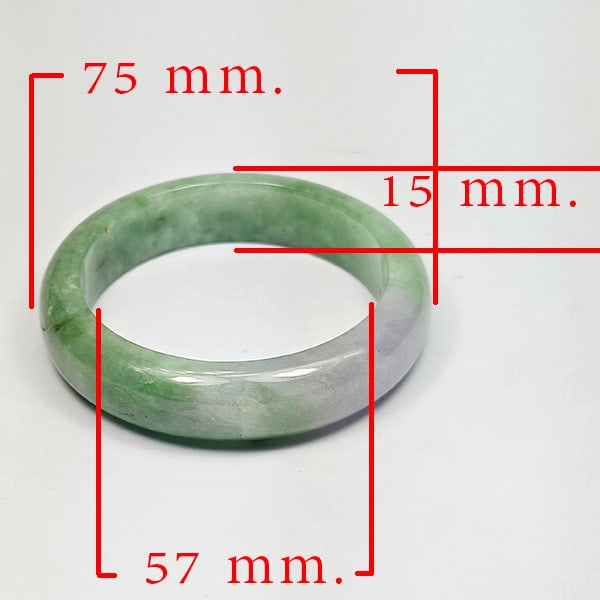 Natural Multi Color Jade Gemstones Bangle 377.78 Ct. Diameter 57 Mm.: Product ID: 819816022 Product Name: Natural Jade Weight: 377.78 CT. Size: 75 x 57 x 15 MM. Shape: Bangle Round Cabochon Color: Multi-Color Clarity:Opaque Luster: Good Gems Origin: Thailand Treatment: 