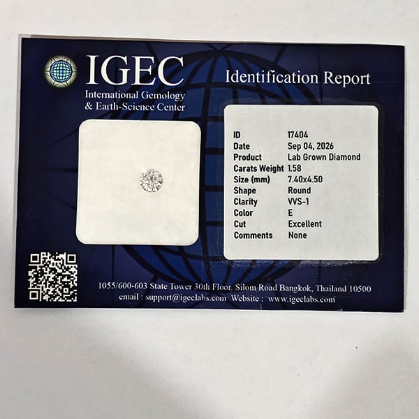 Certified Exceptional White Loose Lab-Grown CVD Diamond 1.58 Ct. Round Diamond Cut 7.40 x 4.50 Mm.: Product ID: 502100983 Product Name: Natural Enhanced Diamond Weight: 1.58 CT. Size: 7.40 x 7.40 x 4.50 MM. Shape: Round Diamond Cut Color: E Clarity:VVS-1 Luster: Very Good Gems Origin: Belgium Treatm