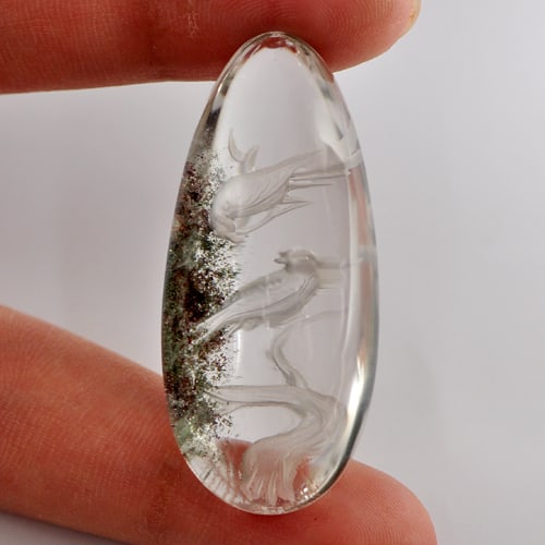 Natural Moss White Quartz Gemstones Birds Carving Inner 75.00 Ct. Pear Cabochon Shape 43 x 19 Mm.: Product ID: 805527039 Product Name: Natural Quartz Weight: 75.00 CT. Size: 43 x 19 x 14 MM. Shape: Pear Cabochon Color: White Clarity:Semi - Transparent Luster: Good Gems Origin: Thailand Treatment: U