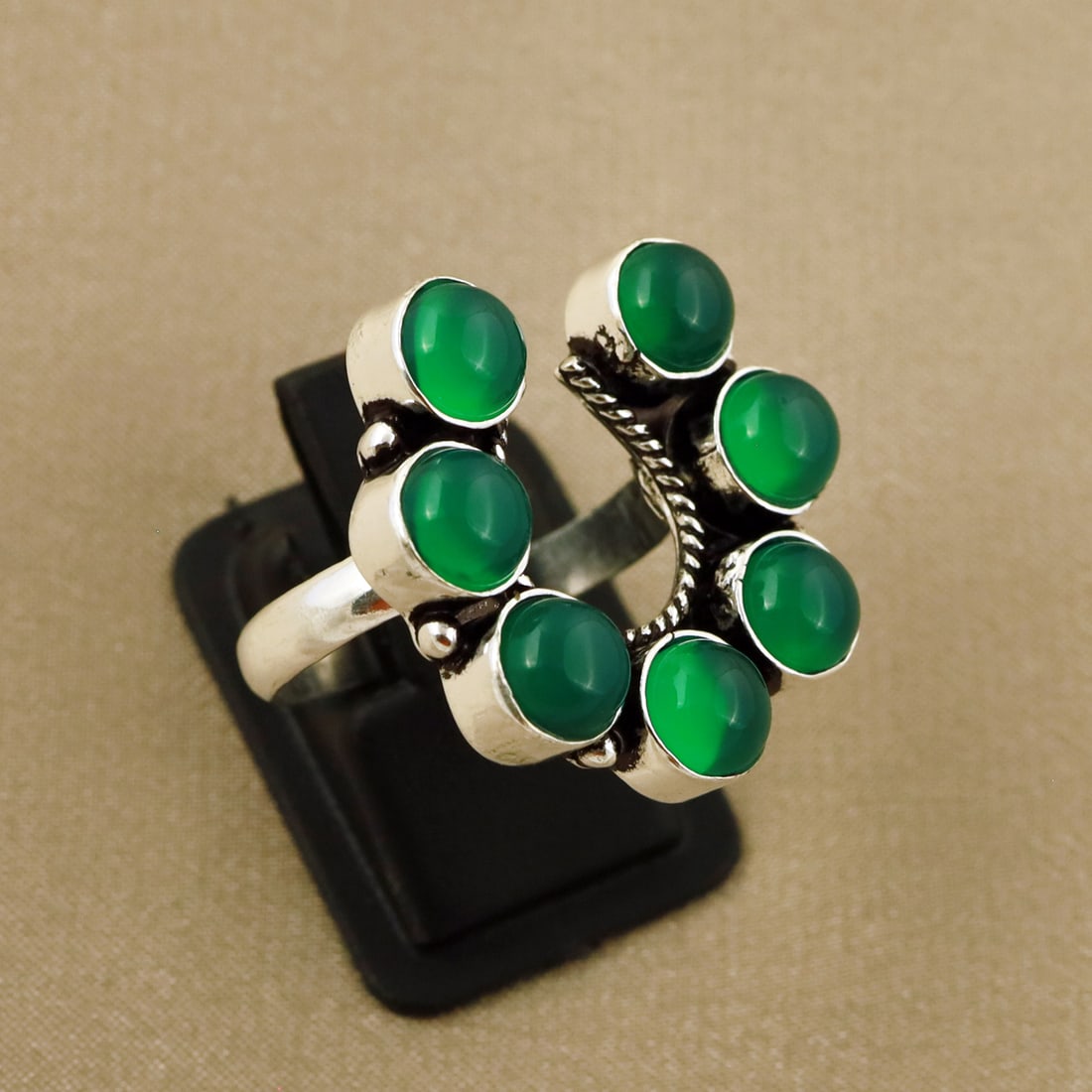 Natural Green Onyx Sterling Silver Plated Handmade Ring - 8.5MM: Product ID: 260808133049 Product - Handmade Silver Plated Ring Metal - 92.5 Sterling Silver Plated Ring Size - 8.5MM Gemstone - Green Onyx Gemstone Origin - India Gemstone Size - 6MM ( 7 Stone ) Gemst