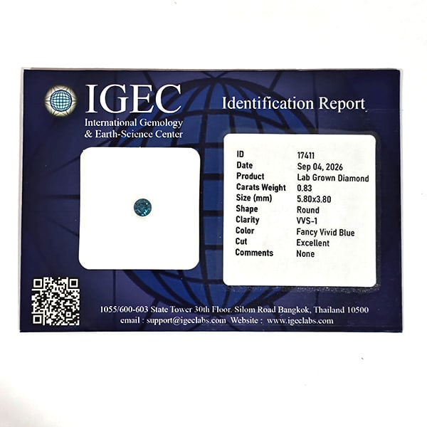 Certified Fancy Vivid Blue Loose Lab-Grown CVD Diamond 0.83 Ct. Round Diamond Cut 5.80 x 3.80 Mm.: Product ID: 502101002 Product Name: Natural Enhanced Diamond Weight: 0.83 CT. Size: 5.80 x 5.80 x 3.80 MM. Shape: Round Diamond Cut Color: Fancy Vivid Blue Clarity:VVS-1 Luster: Very Good Gems Origin: