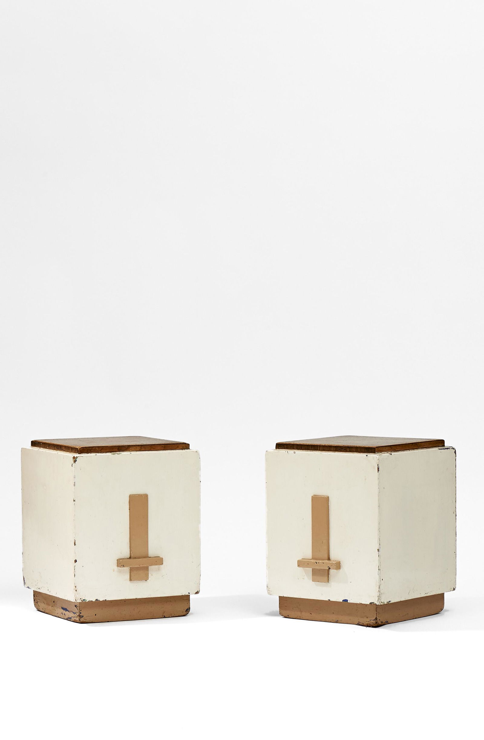Huib Hoste (Belgian, 1881 - 1957): Two Constructivist stools - c.1930 Painted wood 45 x 35,5 x 35,5 cm (2#) Provenance Private collection, Antwerp