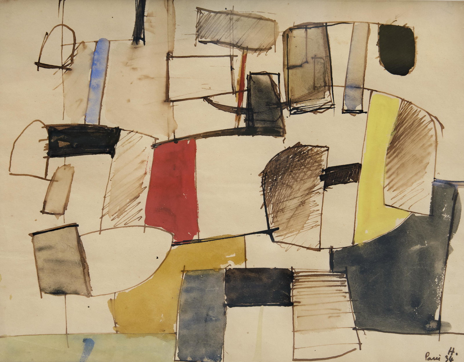 Jean Hélion (French, 1904-1987): Composition - 1934 Ink, watercolor and gouache on paper - 20 x 25,5 cm Initialed, located (Paris), and dated lower right Exhibited: Hélion. 20 équilibres: 1932-1939, Linda Hyman Fine Arts, New York,