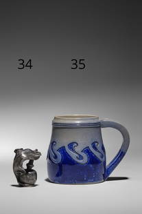 Henry Van de Velde (Belgian, 1863 - 1957): Beer Mug - 1903 Salt-glazed ceramic 11,5 cm Monogram stamped on the bottom, with Westerwald Art Pottery stamp and model number 2081 Manufactured by Steinzeugfabrik und Kunsttöpferei Reinhold Hank